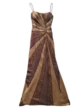 Vintage Lillie Rubin Gold & Brown Metallic Spaghetti-Strap Evening Dress Small